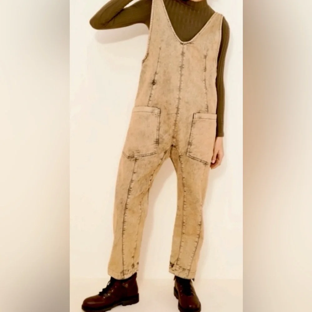 Free People We The Free High Roller Denim Jumpsuit in Tan - Picture 4 of 5